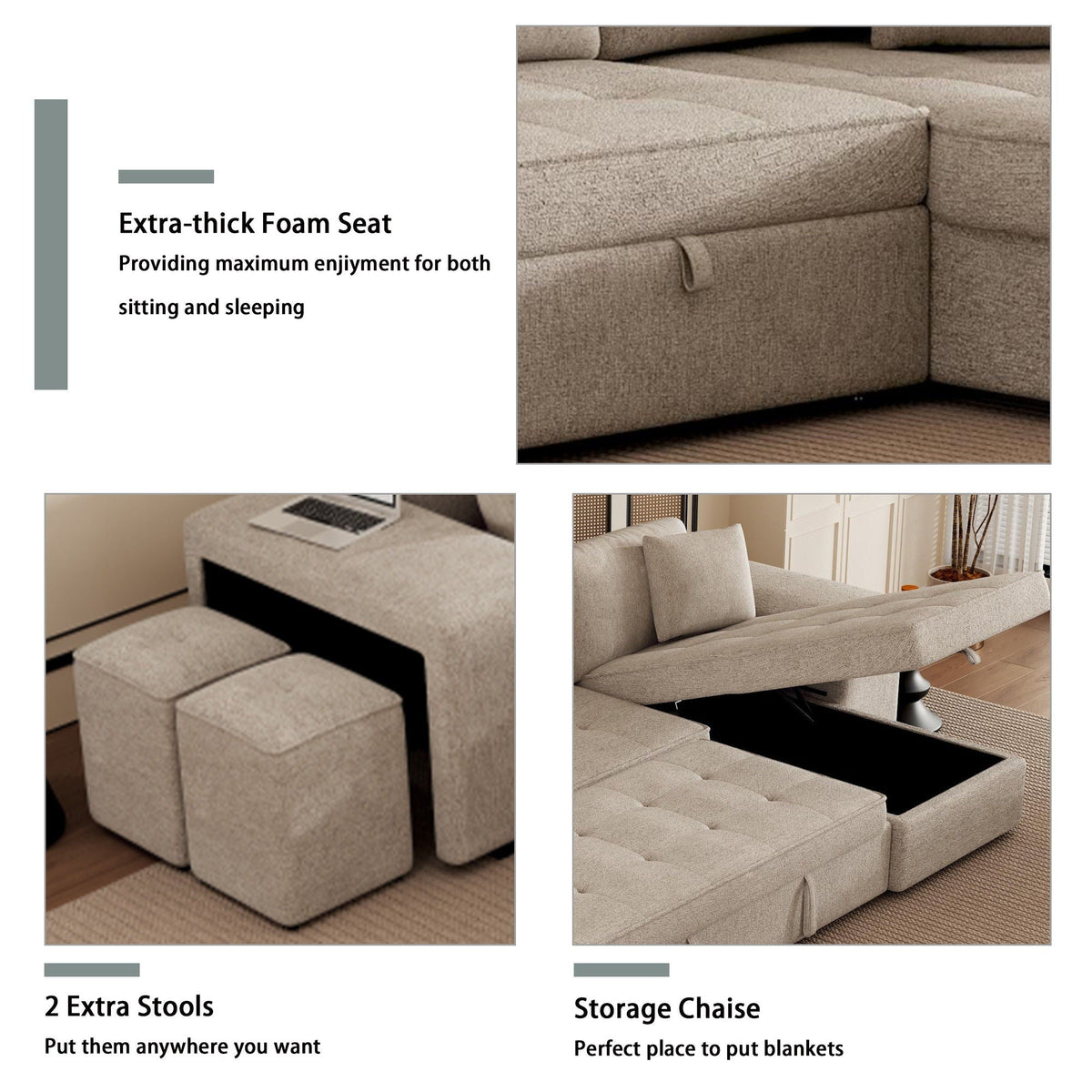 Reversible L-Shape Sleeper Sectional Sofa with Storage Chaise and 2 Stools - Multiple Colors