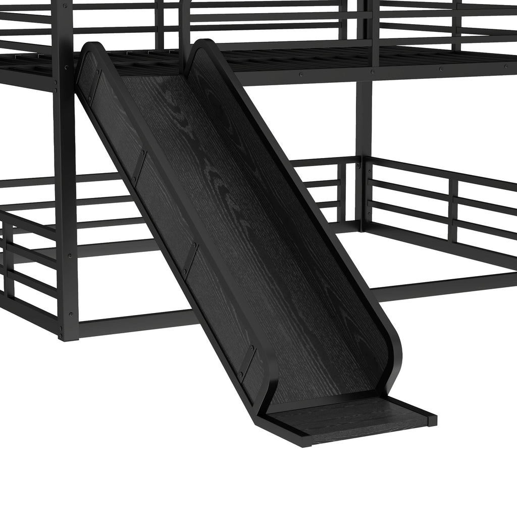 Full Over Full Over Full Bunk Bed with Slide and Guardrails - Metal