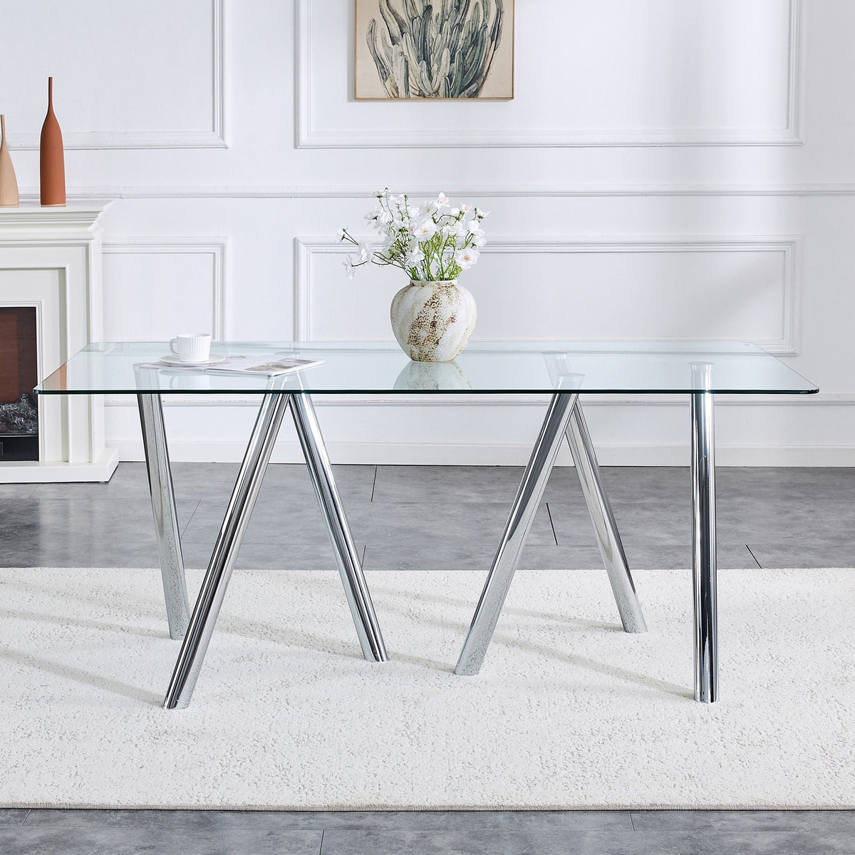 Dining Table with Transparent Tempered Glass Surface – Pearl Silver or Gold