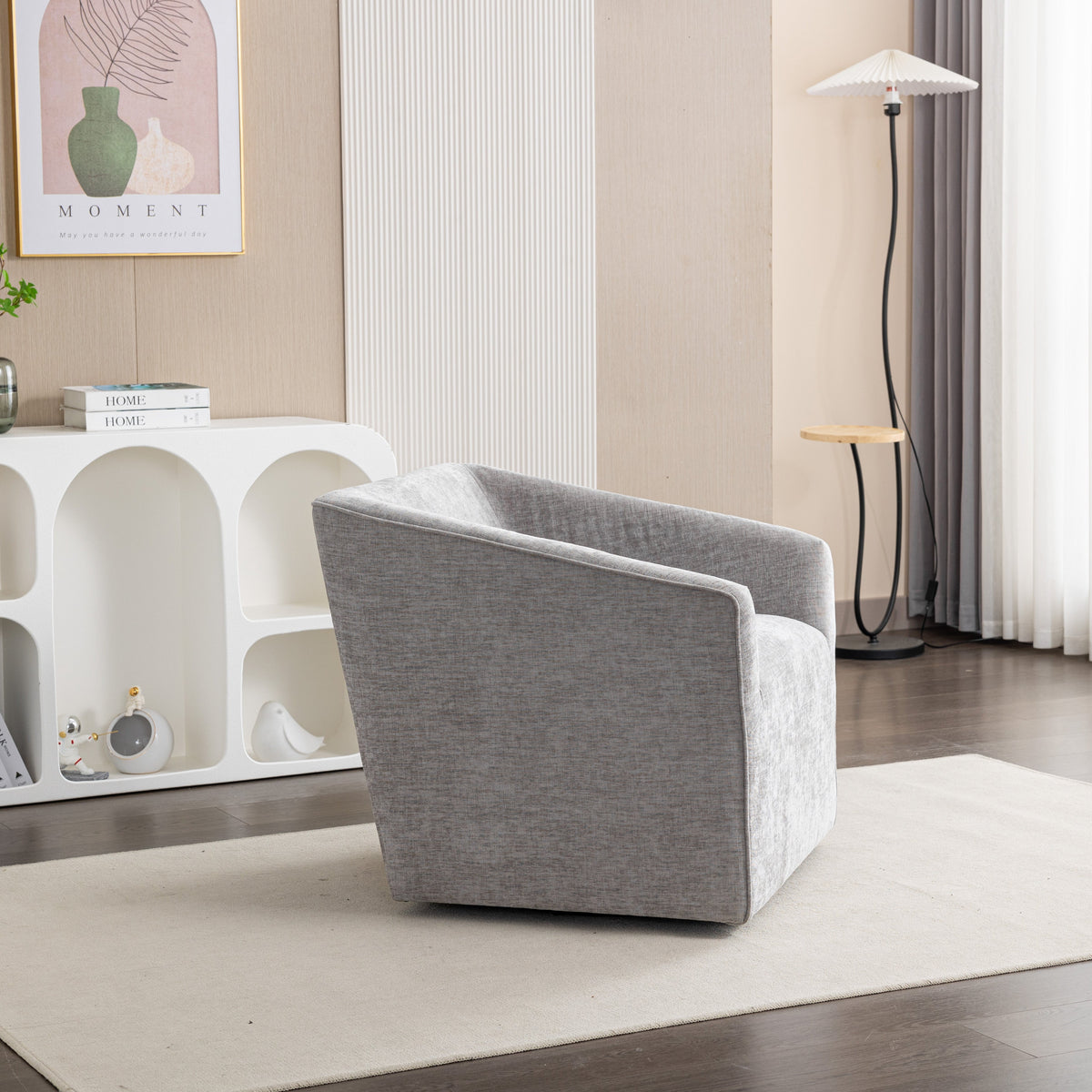Modern Upholstered Barrel Armchair with 360° Swivel - Gray