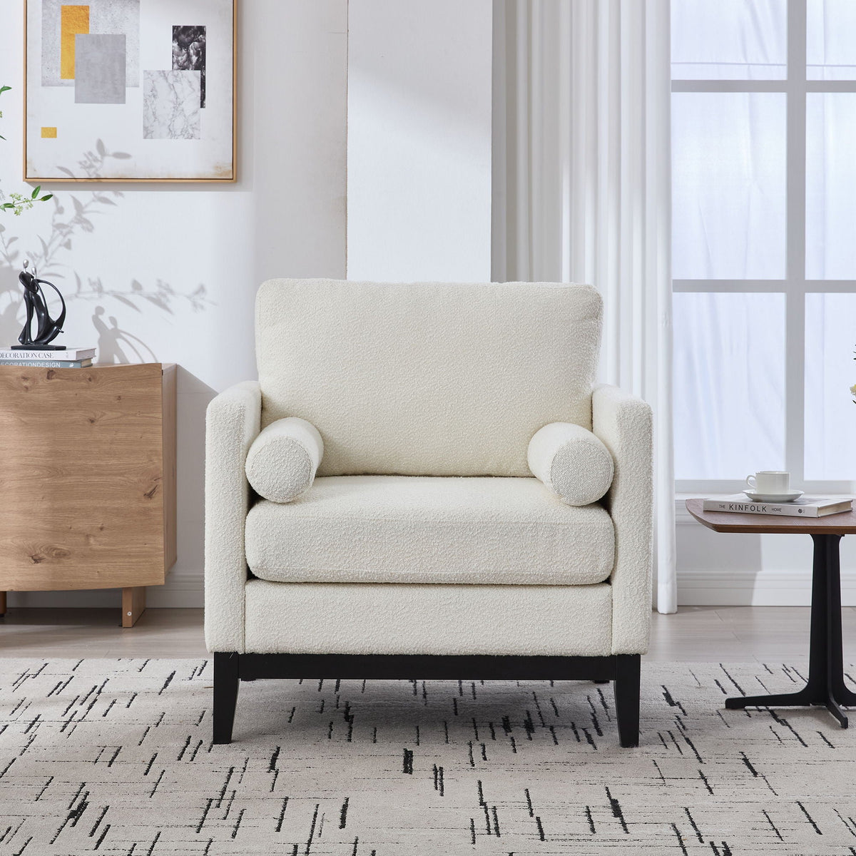 Wide Modern Farmhouse Performance Accent Chair With Legs, Wood Base