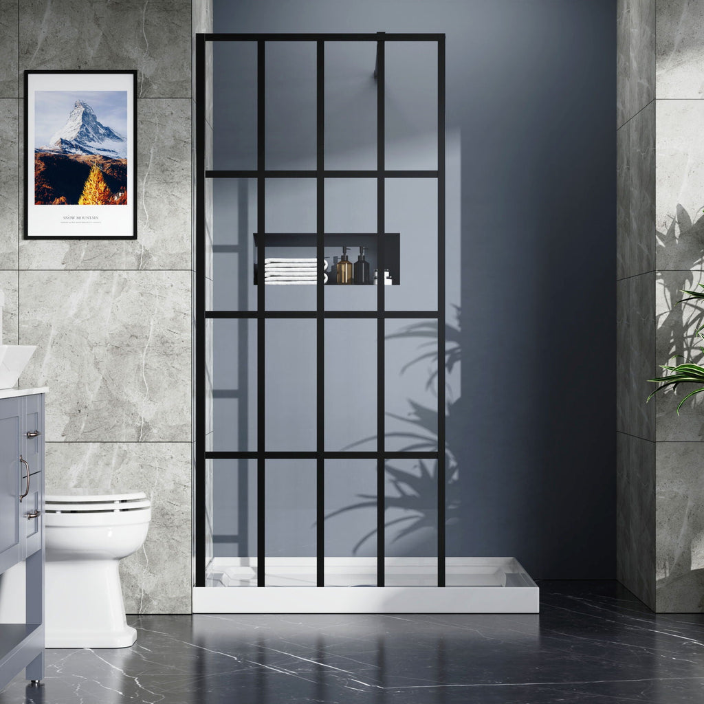 Black Shower Door Walk with Tempered Glass Panel - 34" x 72"