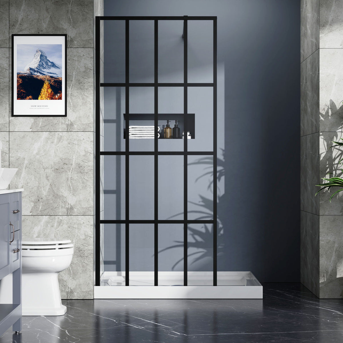 Black Shower Door Walk with Tempered Glass Panel - 34" x 72"