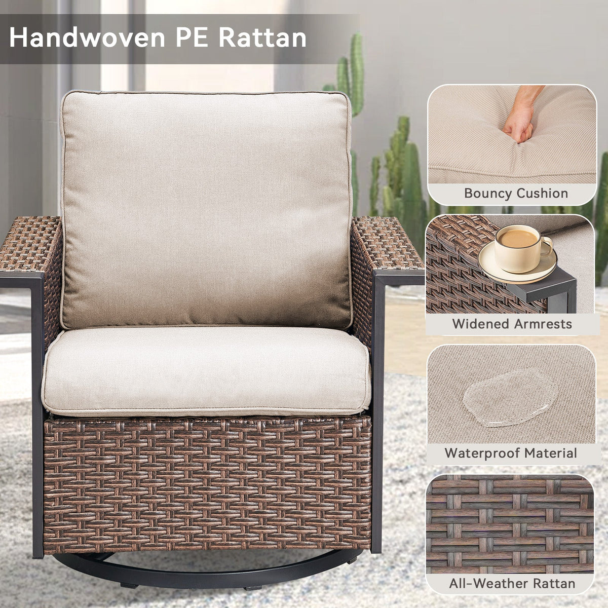 Outdoor Swivel Rocking Chairs with Ergonomic Support - Brown or Gray