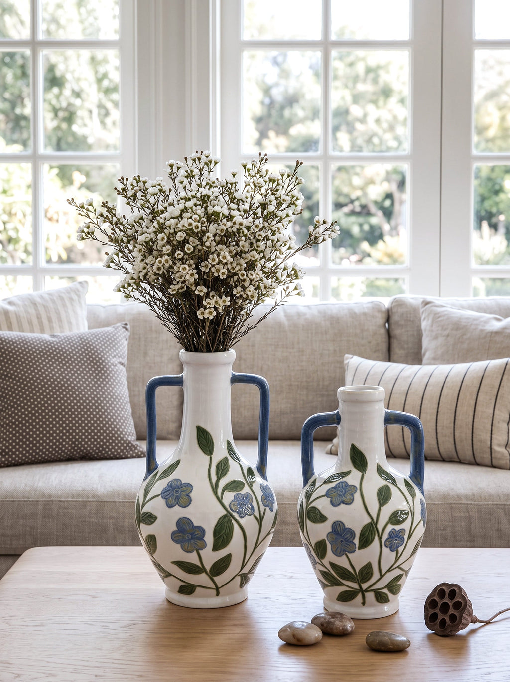Floral Amphora Ceramic Vase with Elegant Floral Design - Blue, Green & White