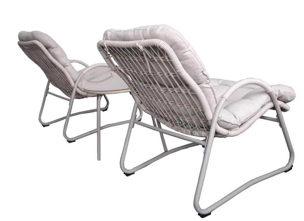 Outdoor Iron Framed Wicker 3-Piece Patio Set with Lounge Chair and Table - Off-White