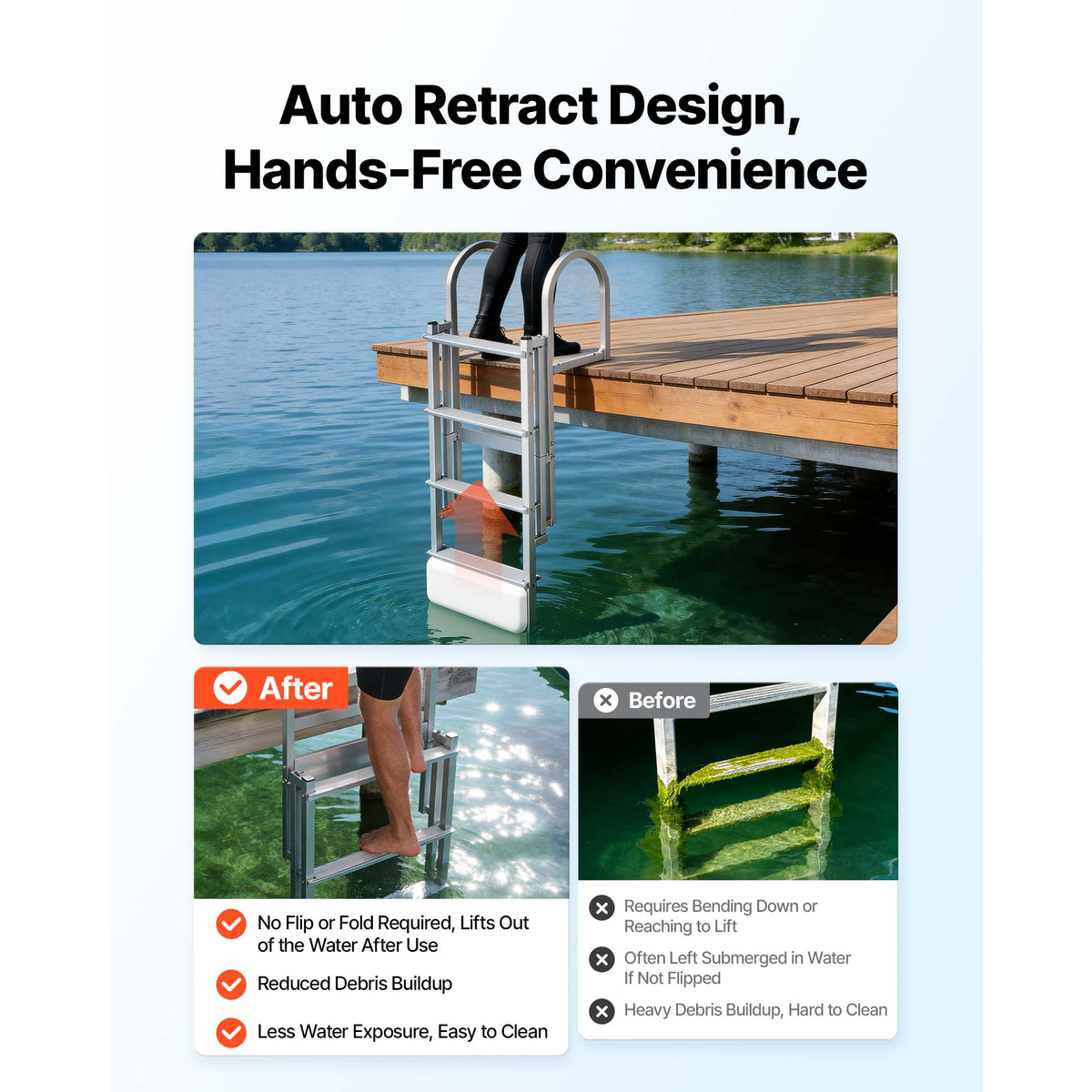 Retractable Dock Ladder with Auto-Lift Float - 4 Steps Aluminum Alloy