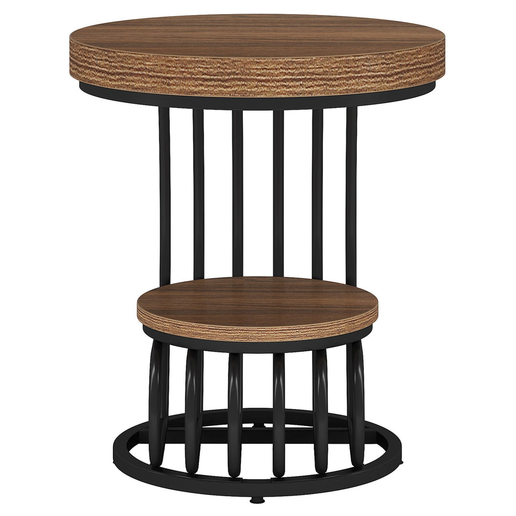 Round Vintage End Table with 2 Tier Storage - Dark Brown, Light Brown, White