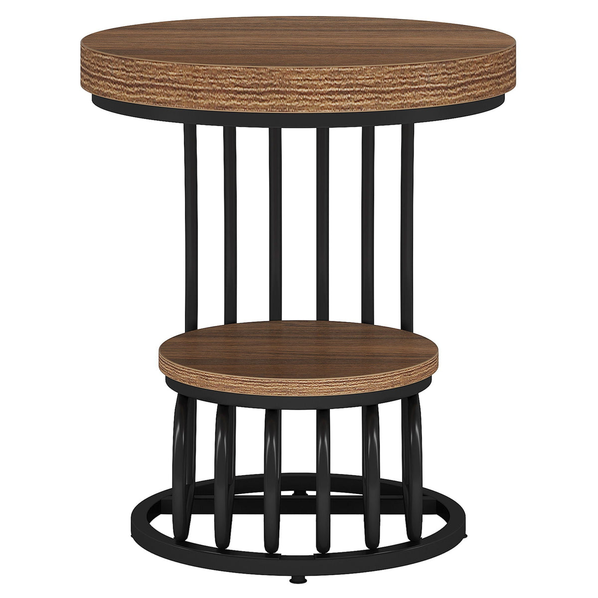 Round Vintage End Table with 2 Tier Storage - Dark Brown, Light Brown, White