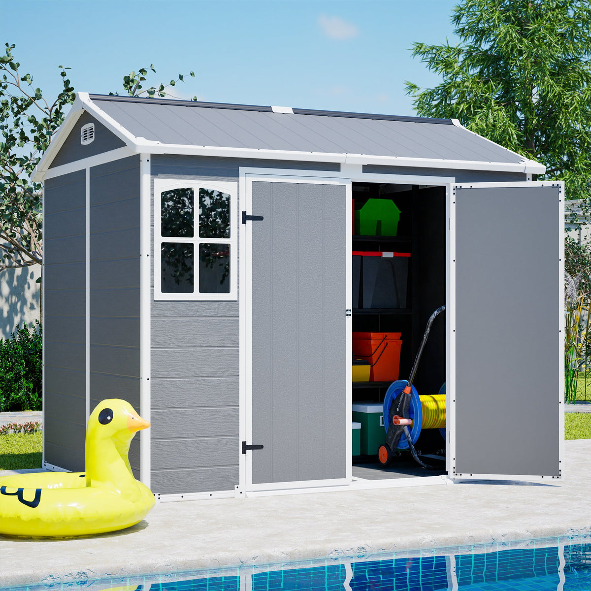 Plastic Utility Shed 8x6 ft with Floor – Lockable Storage Shed - Gray-White