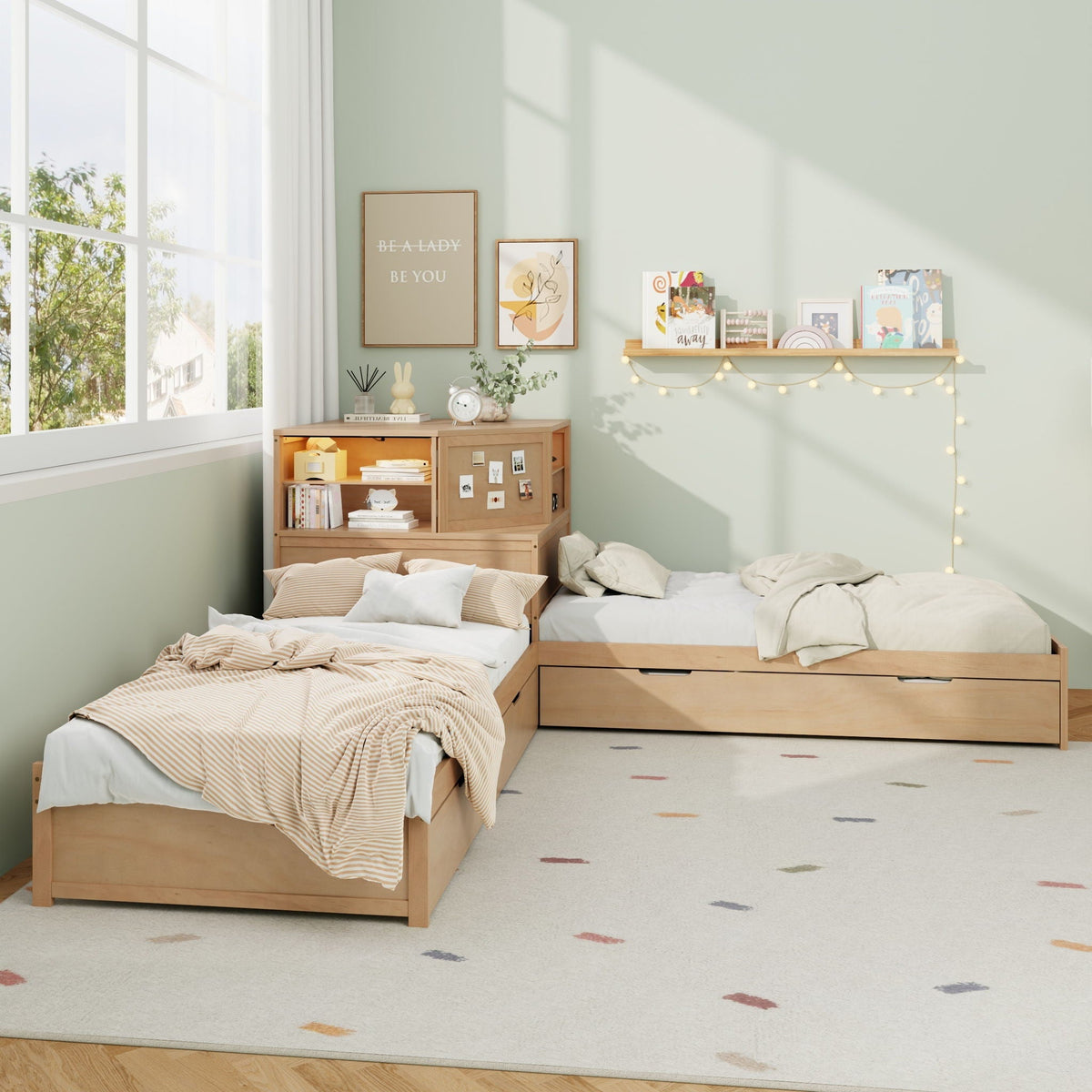 L-Shaped Bed Frame with Trundle, Desk & LED Lighting - Twin