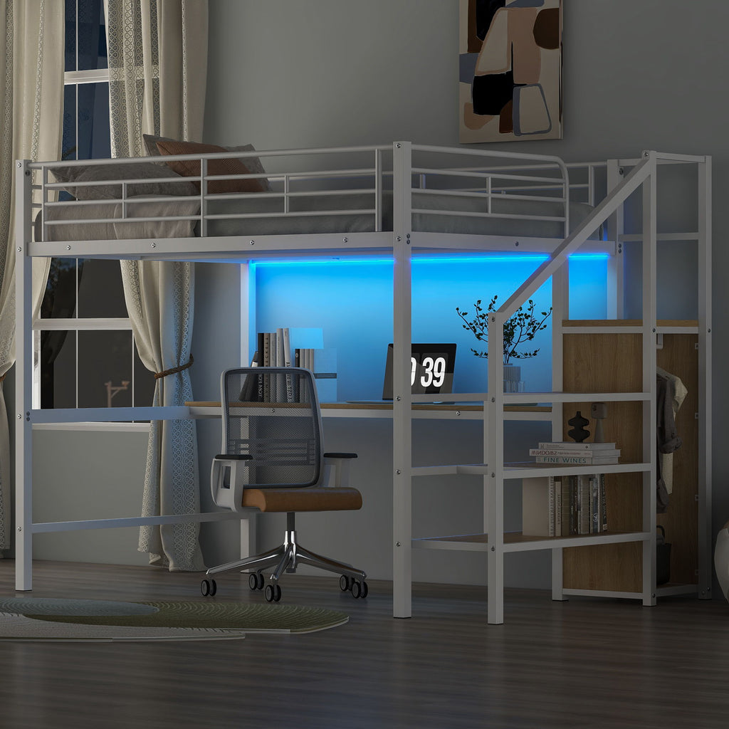 Full Size Loft Bed with Desk, Storage Staircase & Wardrobe - Black or White