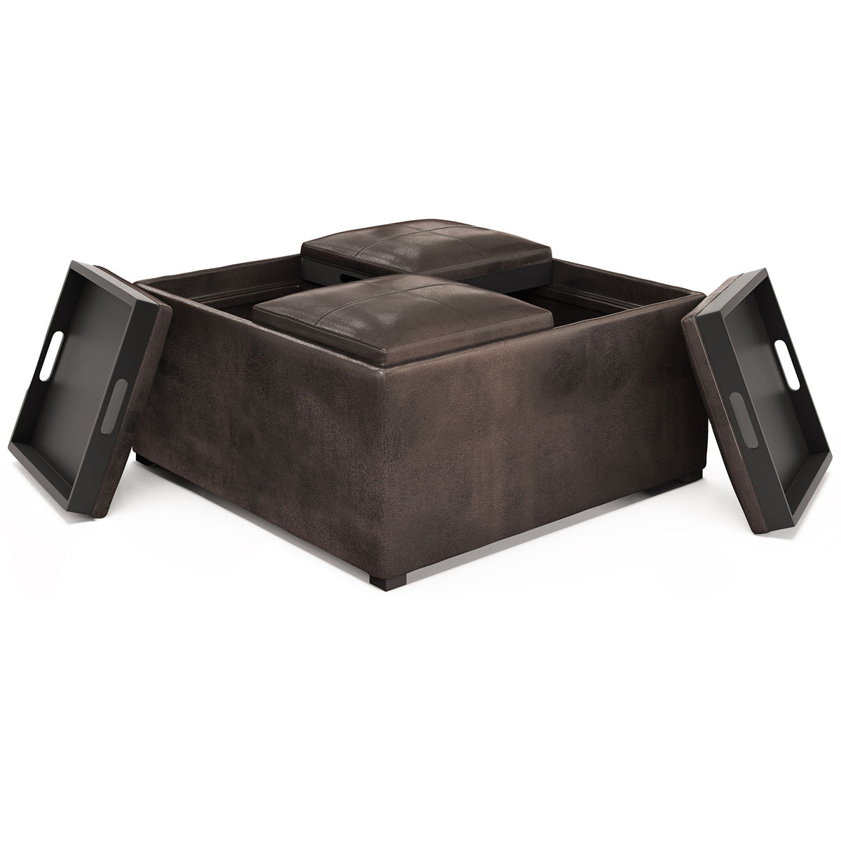 Upholstered Square Coffee Table Storage Ottoman with Flip Serving Trays - Black or Dark Brown