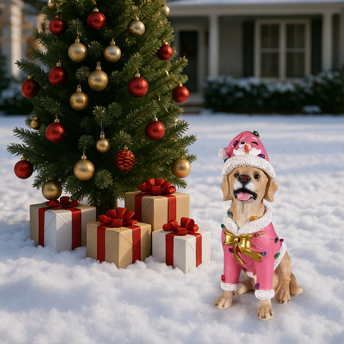 Christmas Labrador Retriever Statue with Santa Outfit - Multicolor