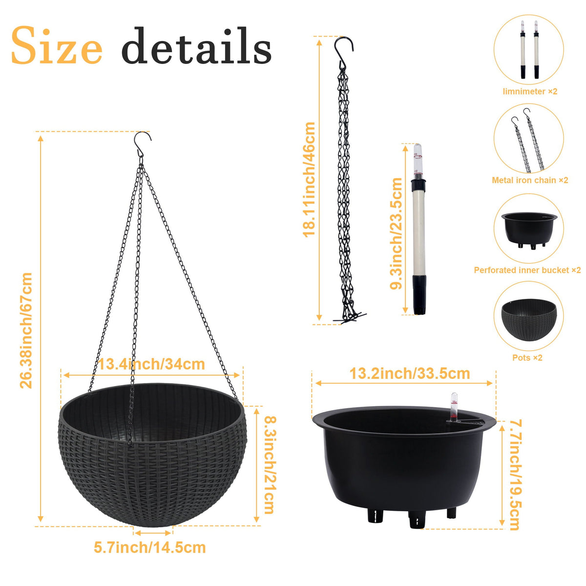 Self Watering Hanging Planter with Water Level Indicator - White, Black, or Dark Brown