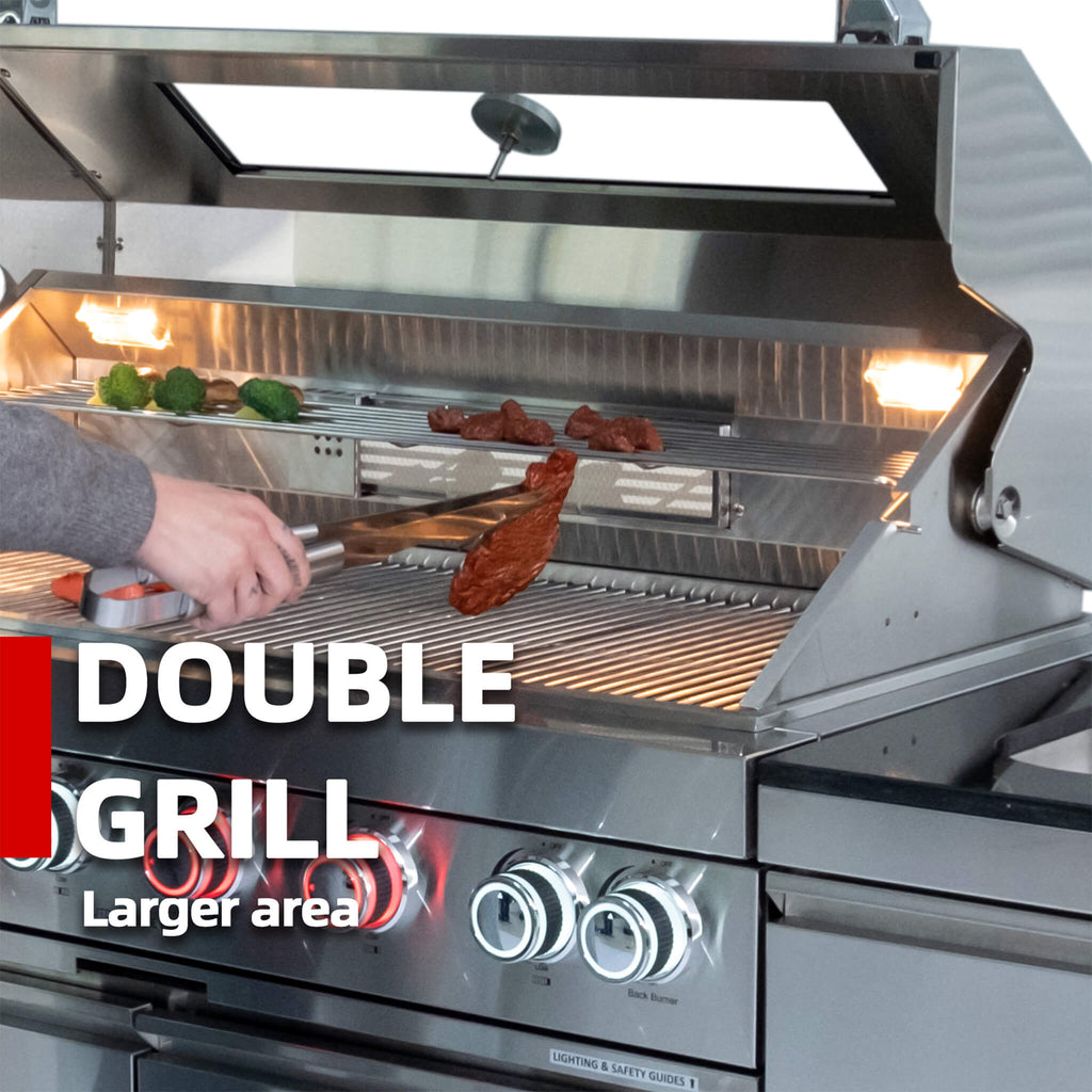 Astoria 94-Inch 6-Burner 85K BTU Outdoor Kitchen Grill Island With Wine Cooler, Rotisserie, Cabinets, And Granite Countertops (SAK68014)