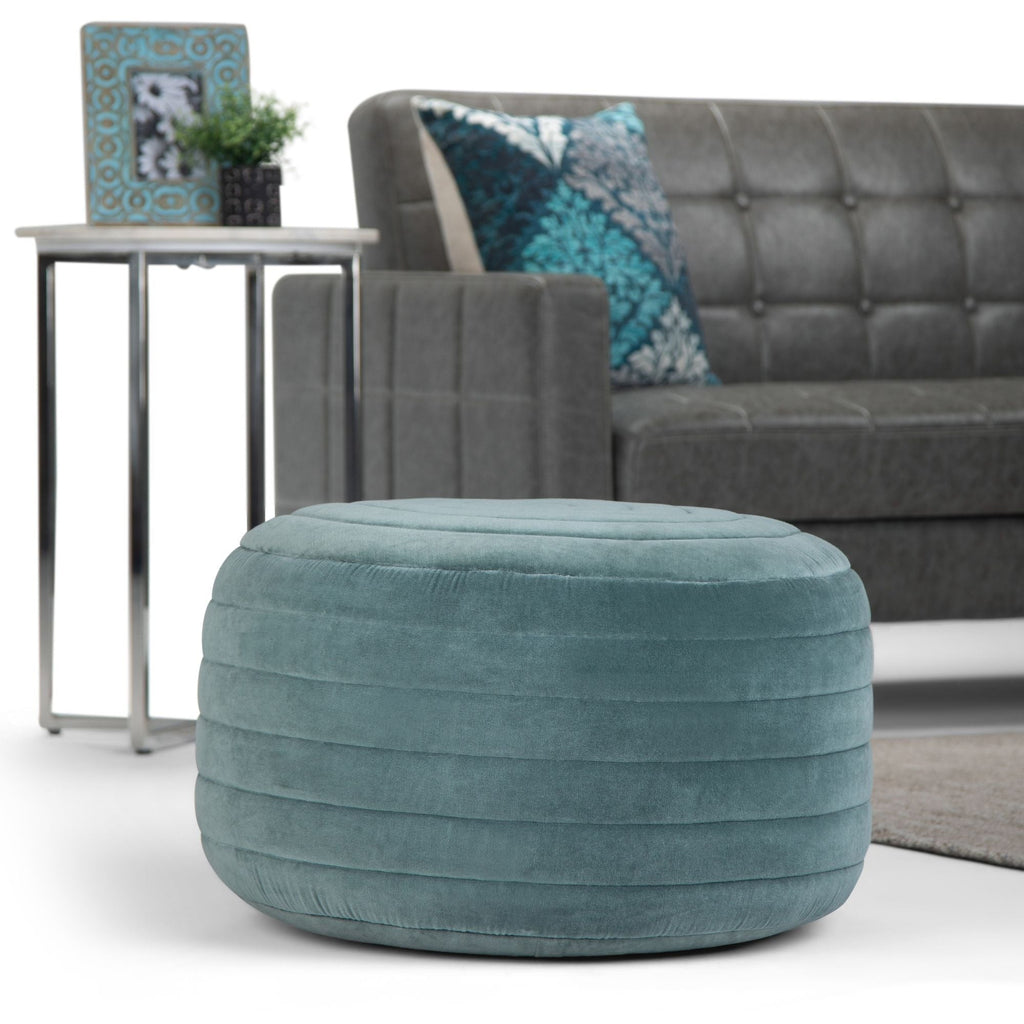 Upholstered Round Pouf with Supportive Polystyrene Filling - Light Blue