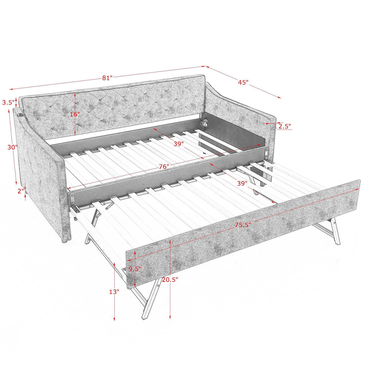 Twin Trundle Bed with Pop Up Trundle and USB Charging Armrest - Multiple Colors