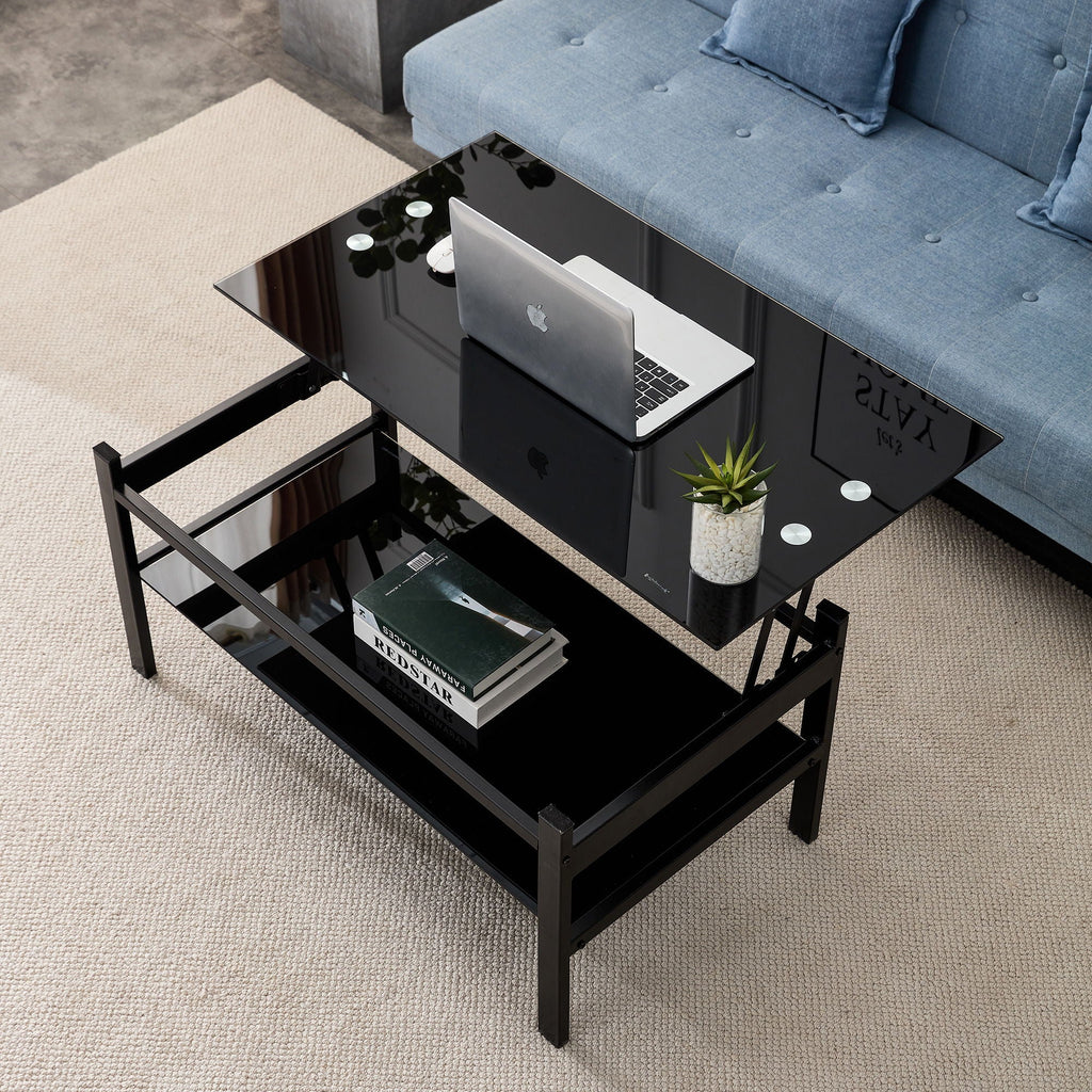 Glass Lift Top Coffee Table with Storage Shelf - Black