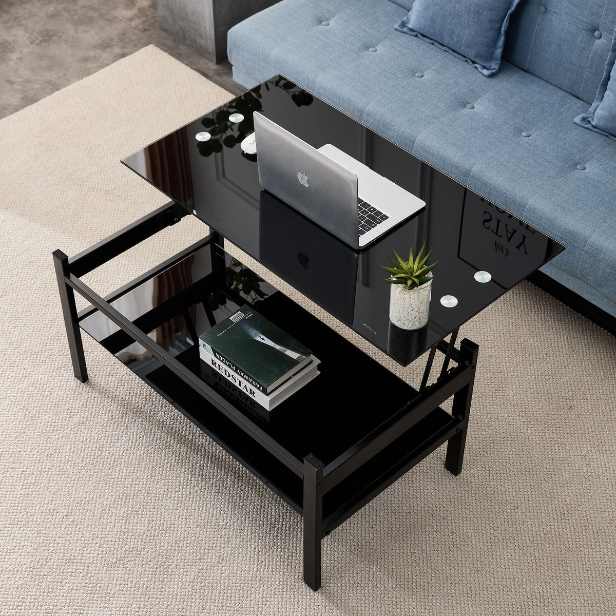 Glass Lift Top Coffee Table with Storage Shelf - Black