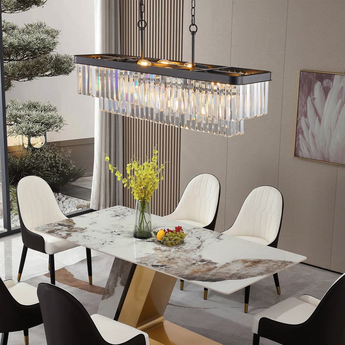 Rectangular Crystal Chandelier with Adjustable Height - Black Iron & Crystal