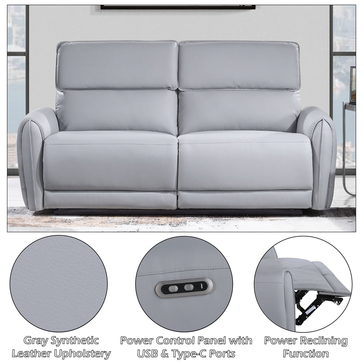 Power Motion Reclining Sofa with USB Port - Gray Faux Leather