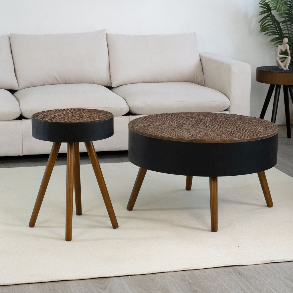 Round Coffee Table with Storage Function - Carved Wood Top - Dark Brown or Black