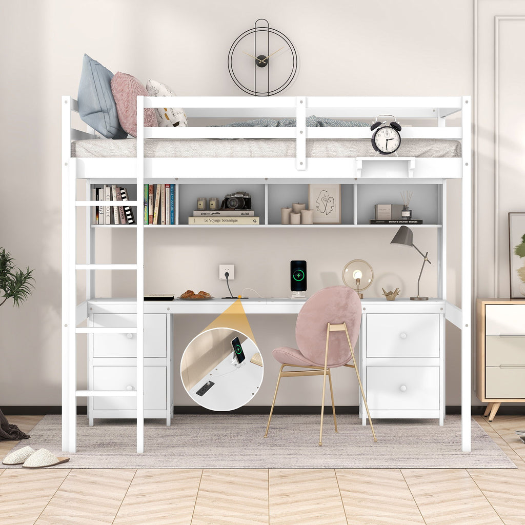 Loft Bed With Desk, Cabinets, Drawers, Charging Station And Bedside Tray