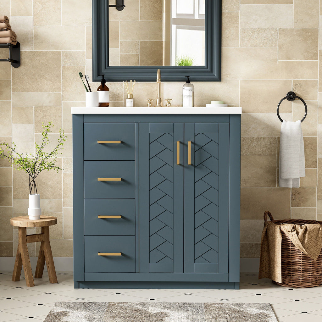 Ceramic Sink Vanity Combo with 3 Drawers and Soft Closing Doors - 30"