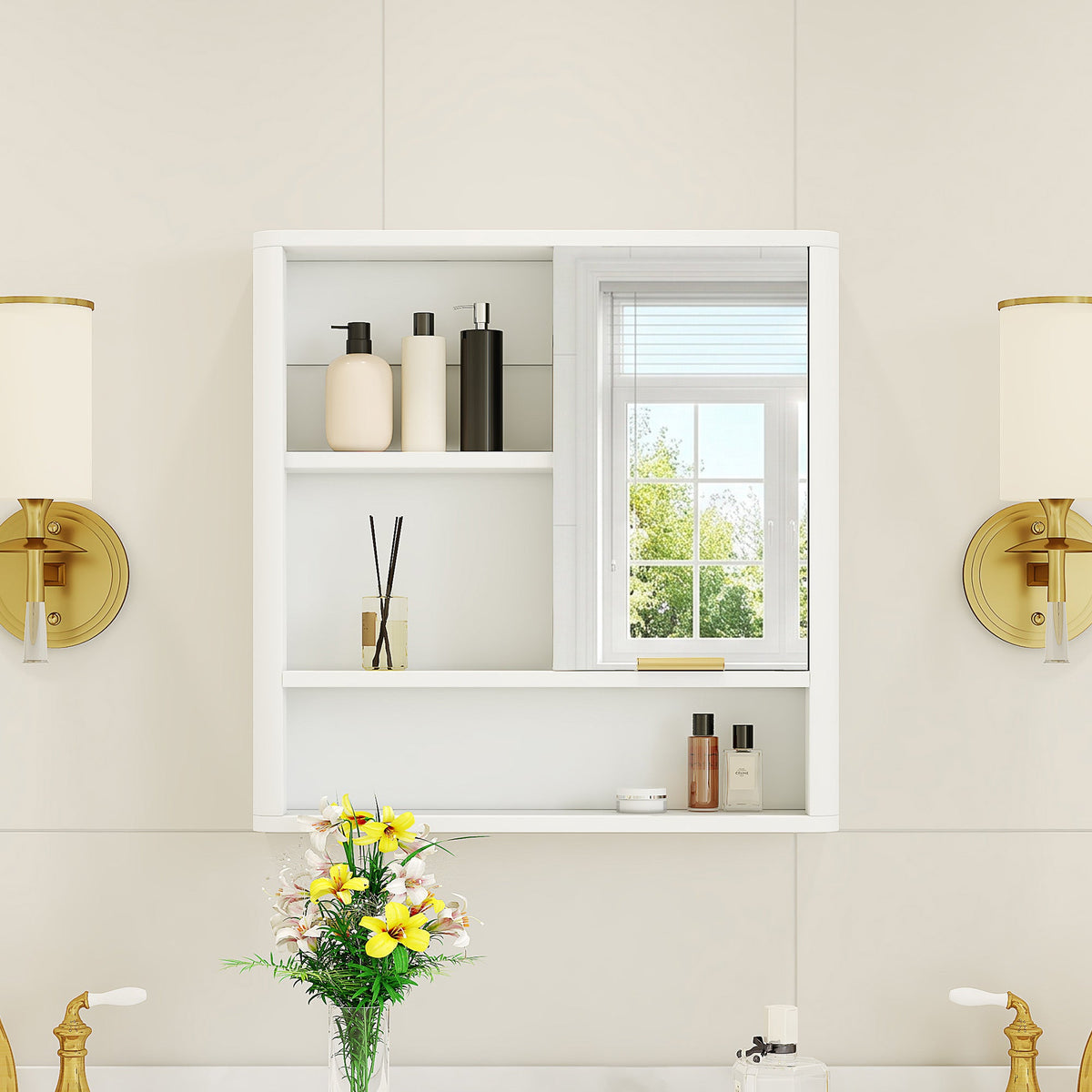 Modern Bathroom Mirror Cabinet with Open Shelves - Bathroom Storage, MDF