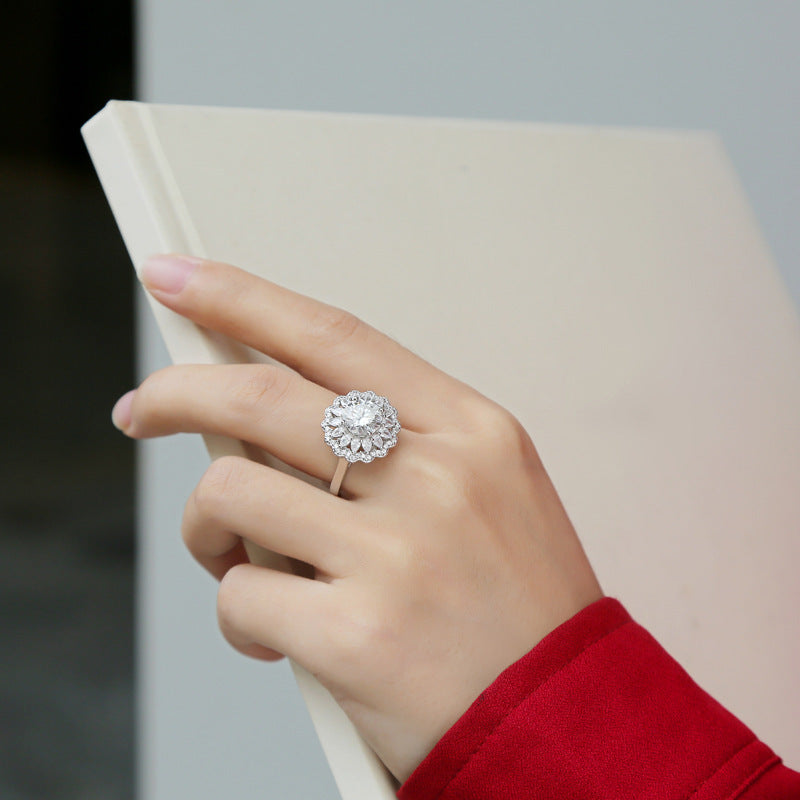 Adjustable S925 Silver Moissanite Flower Ring