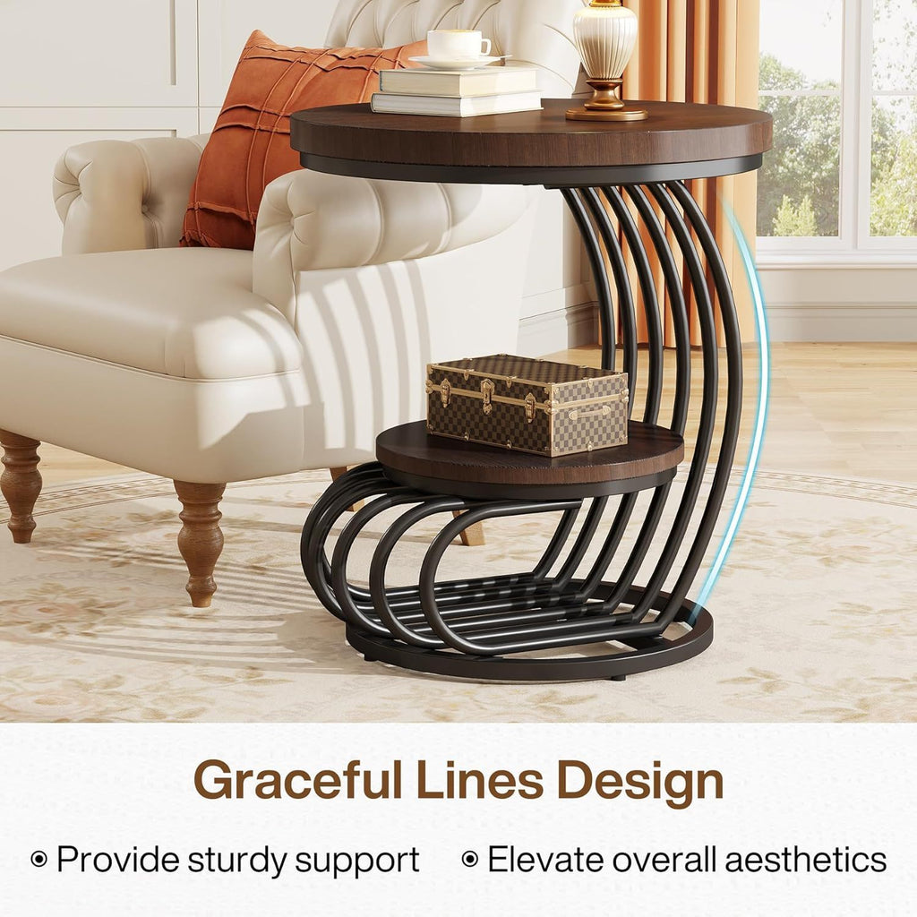 Round Vintage End Table with 2 Tier Storage - Dark Brown, Light Brown, White