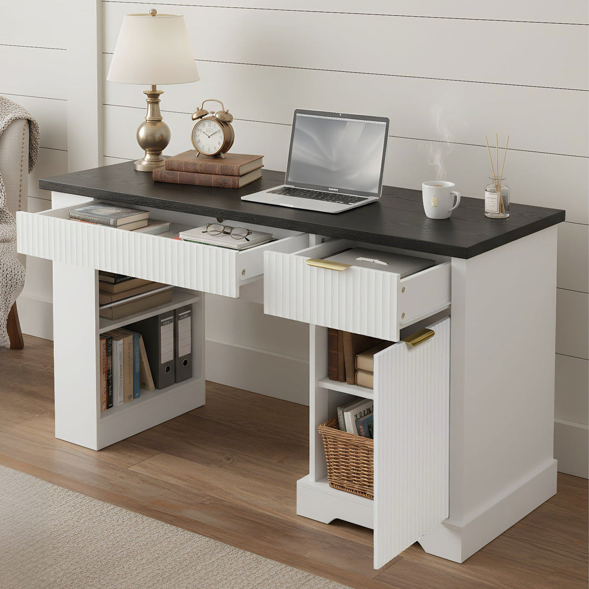 55" Modern Fluted Office Desk with Storage Cabinet & Drawers - MDF
