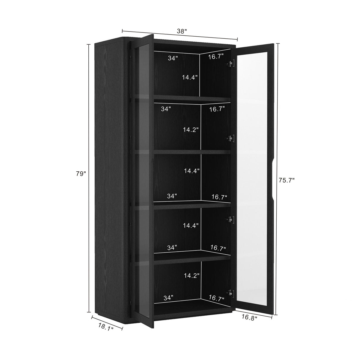Bookcase Cabinet with Glass Doors and Adjustable Shelves - Light Brown, Dark Brown, Black