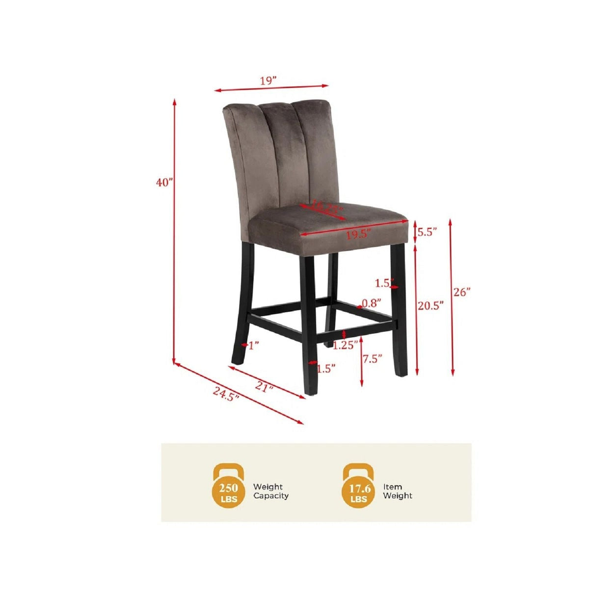 Upholstered Counter Height Chair Set with Fabric Upholstery - Black / Brown