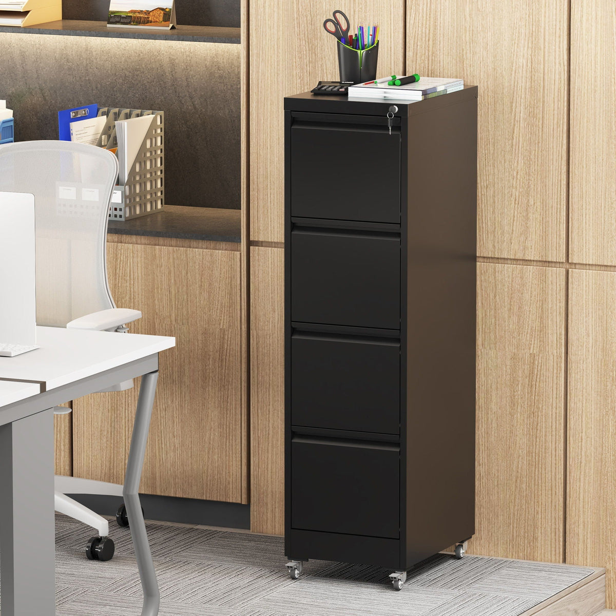 Metal Vertical File Cabinet with Locking Drawers and Wheels - Black or White