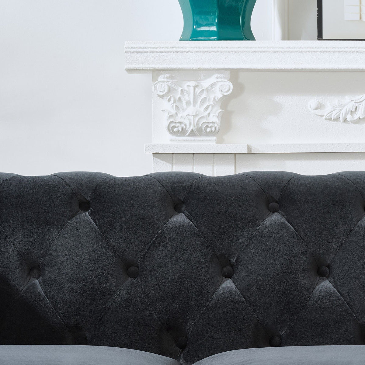 Chesterfield 3 And 2 Seater Upholstery Sofa with Roll Armrest & Nailhead Fabric Couch - Black