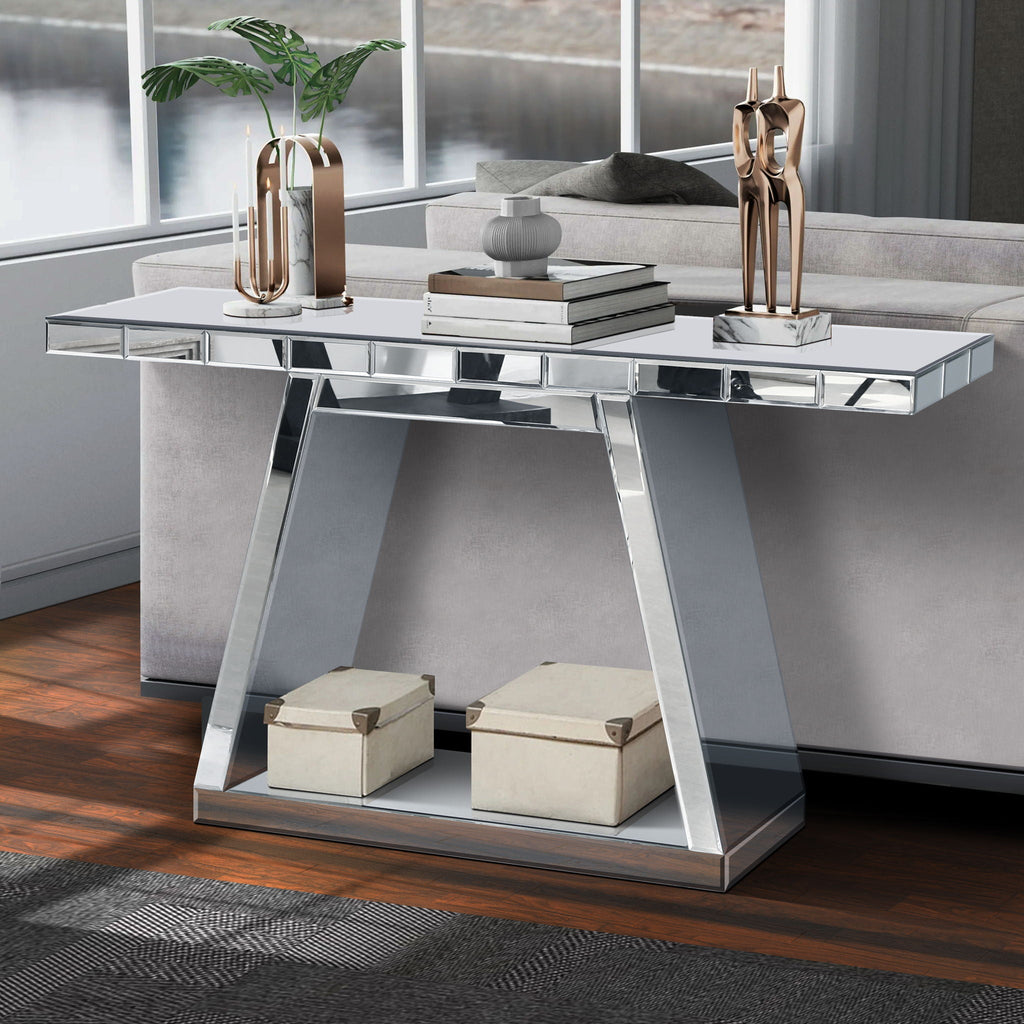 Full Body Mirror Console Table with 360° Reflective Surface and Trapezoid Base - Silver