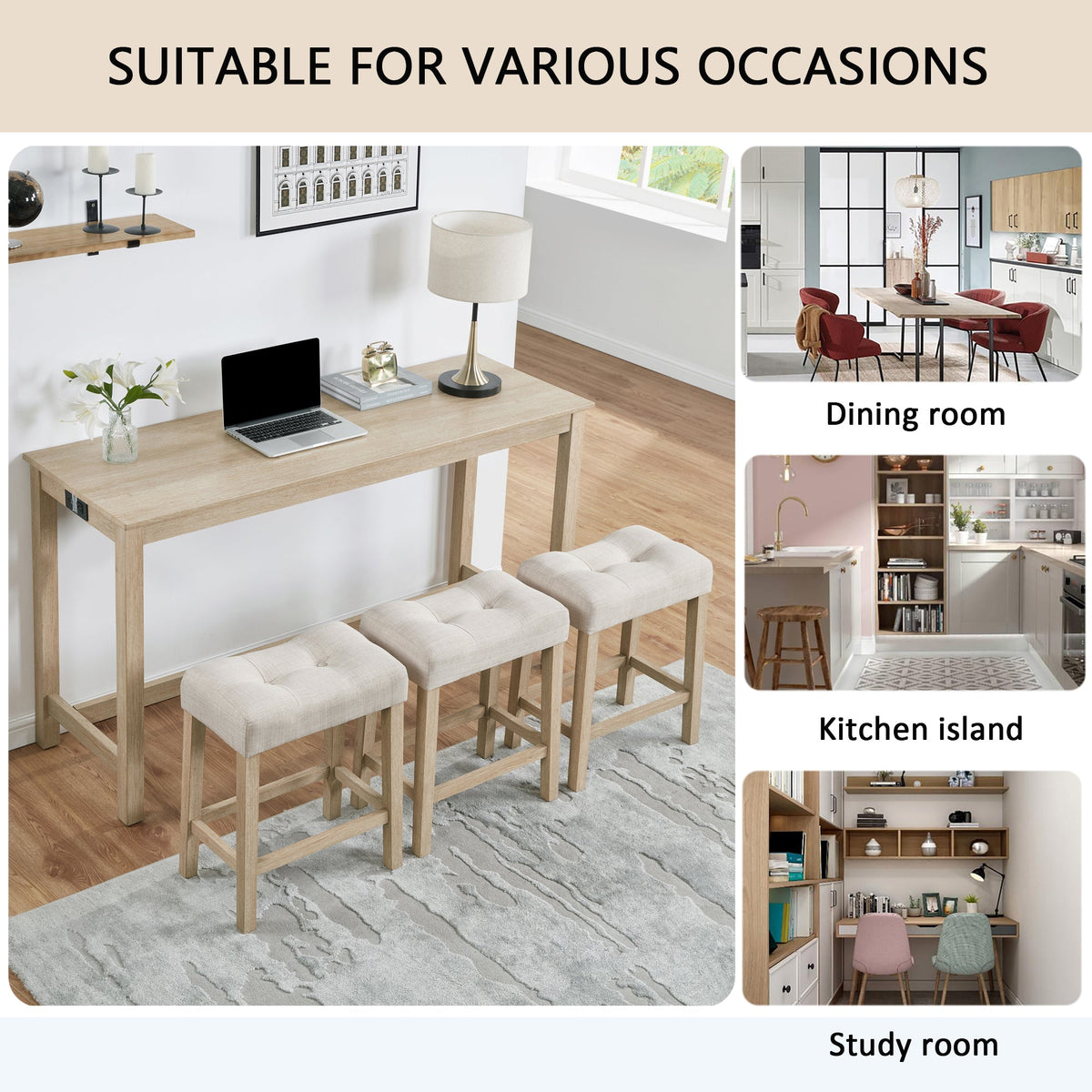 4 Piece Bar Table Set with Power Outlet,Bar Table Set with Chairs,Sofa Bar Table with Stools,Behind Couch Table with 3 Padded Stools for Living Room,Dining room, Light Oak