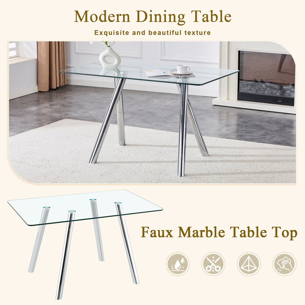 Dining Table with Transparent Tempered Glass Surface – Pearl Silver or Gold