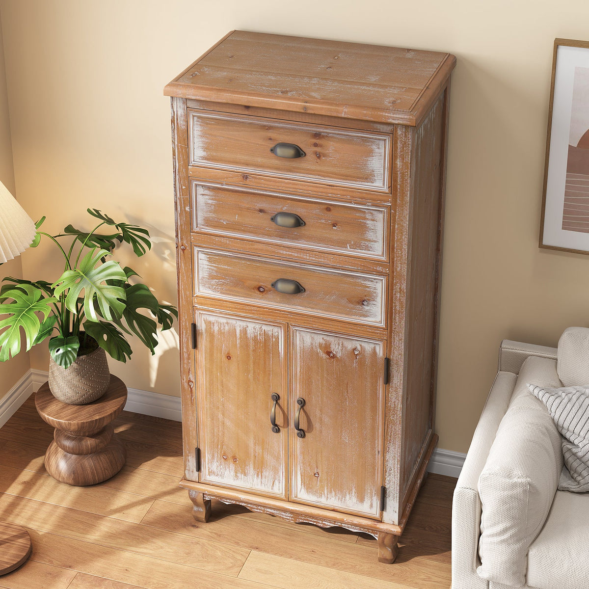 Rustic Wooden Storage Cabinet with Decorative Cutout Door & 3 Drawers - Distressed Wood