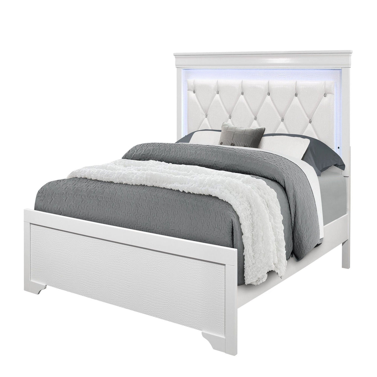 Panel Bed with LED Lighting and Tufted Headboard - White or Dark Gray
