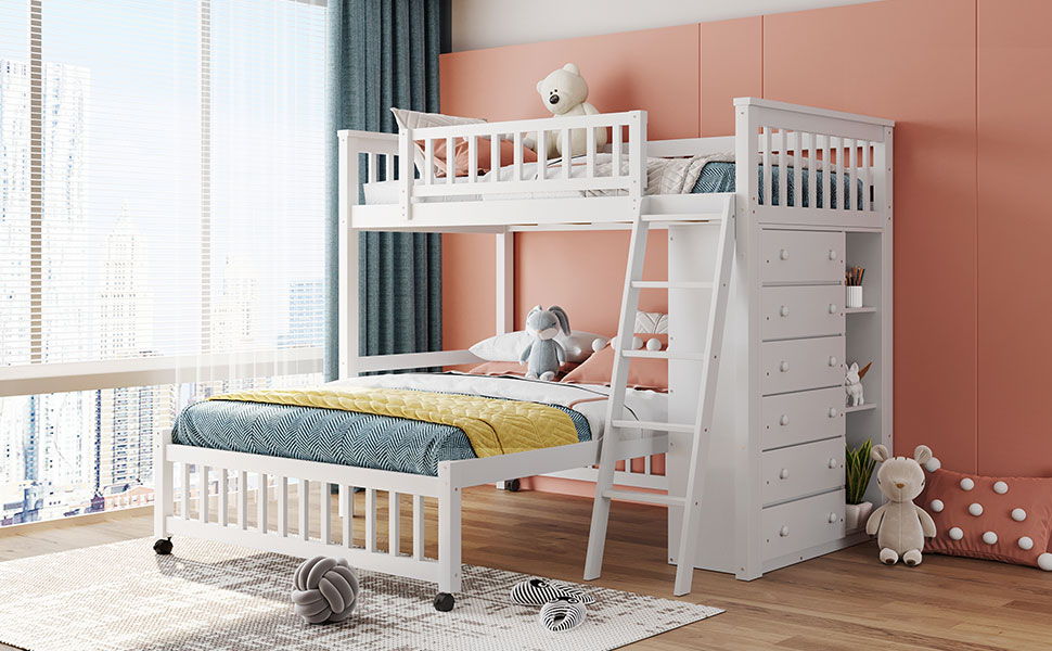 Bunk Bed With 6 Drawers And Flexible Shelves, Bottom Bed With Wheels