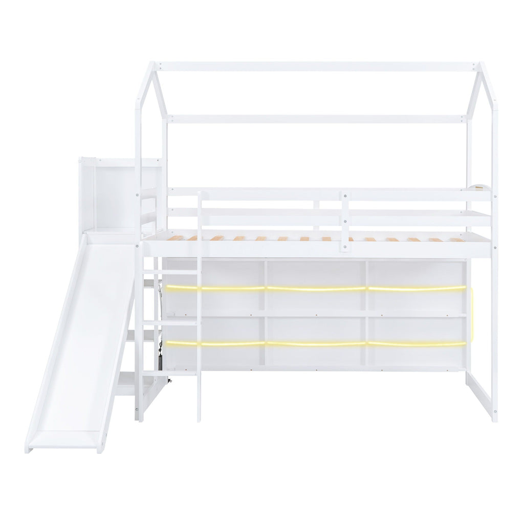 House Loft Bed with Slide and Storage Shelves - Twin with Light
