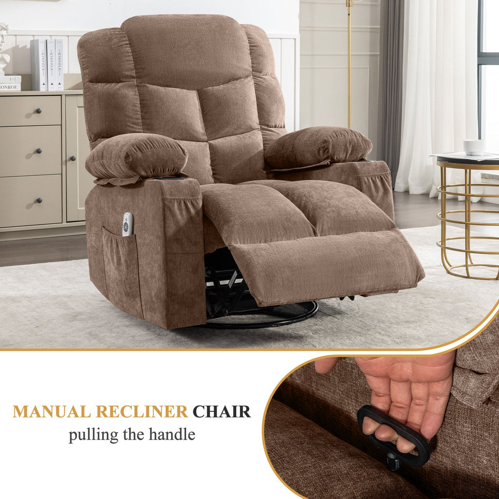 Oversized Massage Swivel Recliner Chair with Lumbar Heating, Cup Holders & USB - Brown or Gray