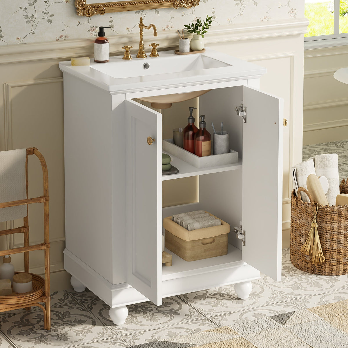 24 Inch Modern Bathroom Vanity Cabinet with Ceramic Sink - White, Blue, Green
