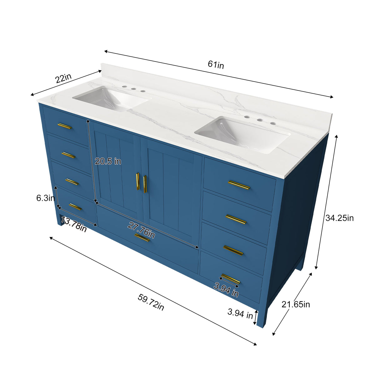 60" Solid Wood Bathroom Vanity with Double Sinks and Quartz Top - Blue