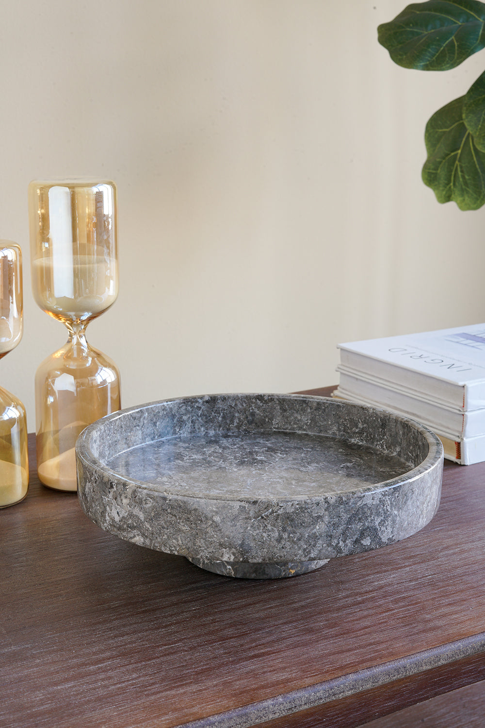 Marble Pedestal Plate with Sturdy Base - Gray