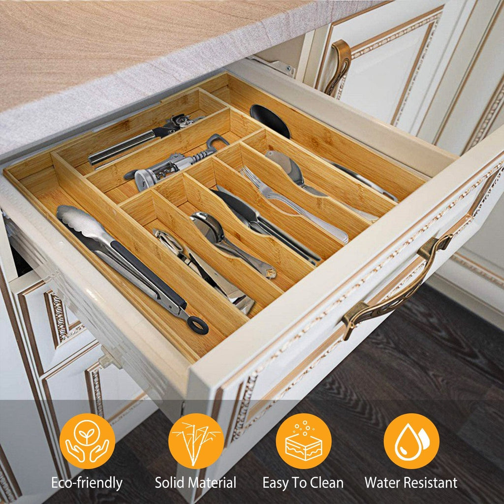 Bamboo Drawer Divider Kitchen Expandable Cutlery Tray Organizer Utensil Holder w/ Grooved Dividers