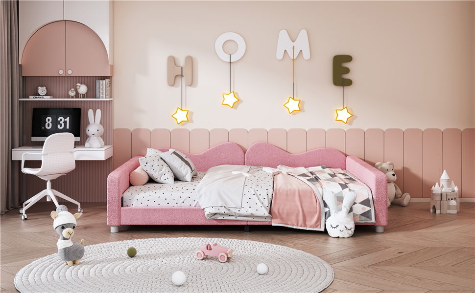Upholstered Daybed with Cloud-Shaped Backrest - Full Size, Sherpa Fabric